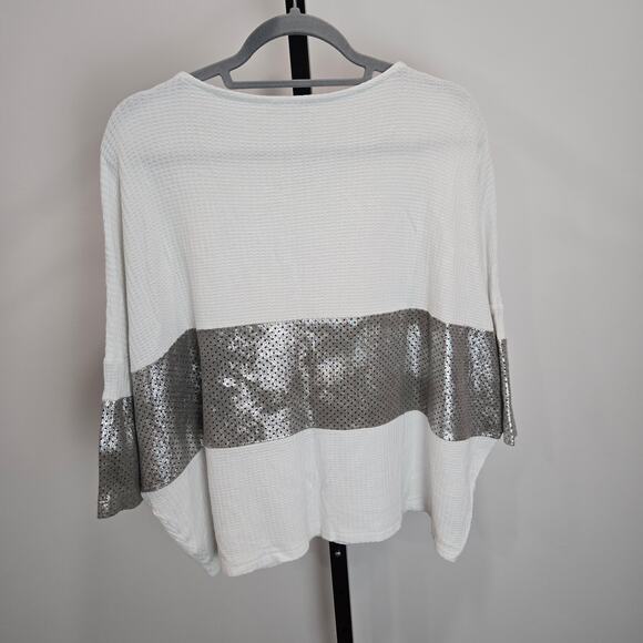Alembika Knit White Top Shirt Silver Sueded Perforated Detail Lagenlook US 10-12 - Picture 5 of 7